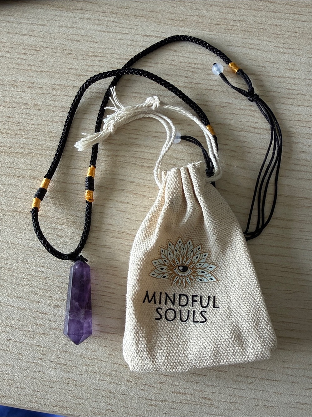Amethyst Pendant Necklace - Black Cord, Purple Stone